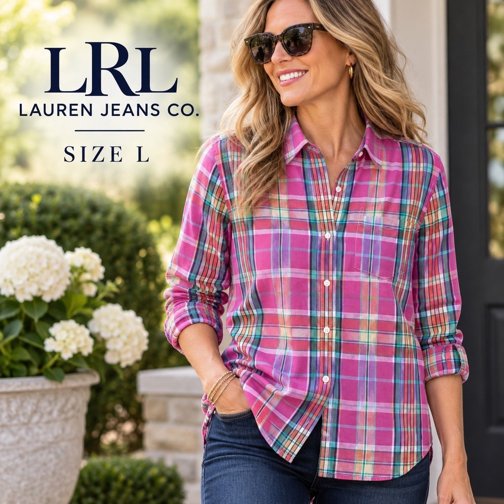 LRL Lauren Jeans Co RL Button Down Shirt Womens L Pink Plaid Cotton Hi Low Top